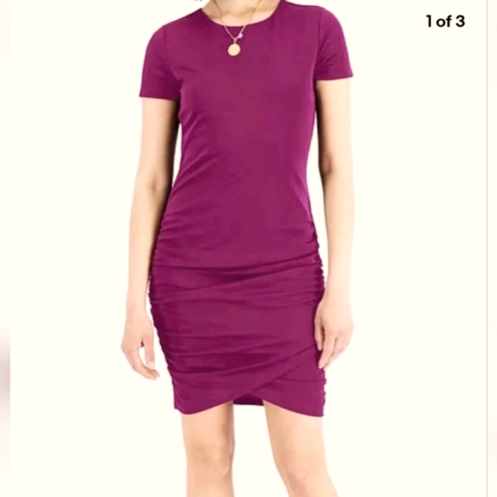 NWT Express Silky Jersey Sueded Side Ruched Faux Wrap Crewneck Dress
